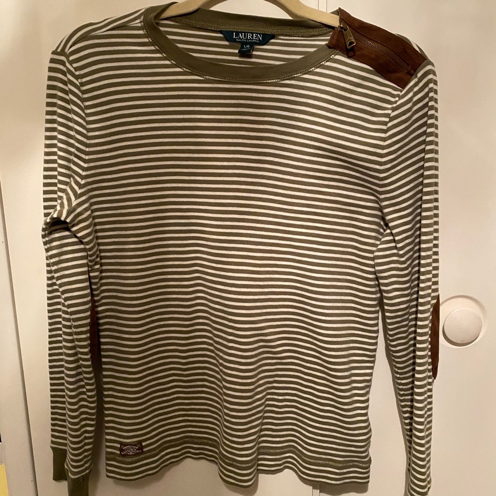 Ralph Lauren Olive and White Striped Top with zip shoulder and elbow patch